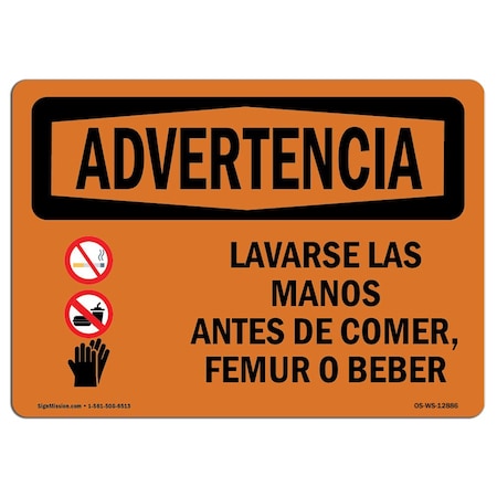 Signmission OSHA WARNING Sign, Wash Hands Before Eating Drinking Spanish, 7in X 5in Decal, 5" W, 7" L, Landscape OS-WS-D-57-L-12886